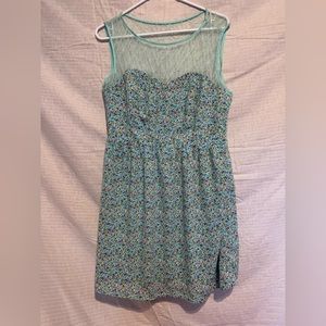 LARGE TEAL FLORAL AND LACE DRESS. BLUE LACE DRESS. PINK OWL BRAND DRESS.